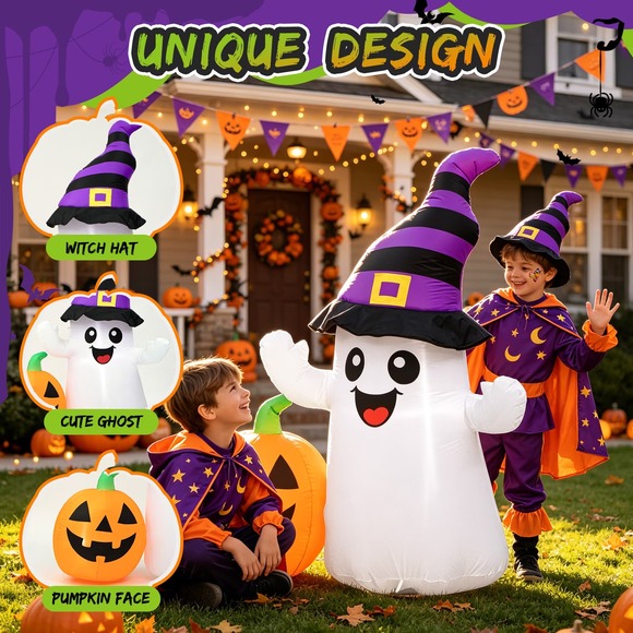 Homcom Other - 5.5FT Halloween Inflatable Ghost w/ Pumpkin & Witch Hat LED Yard Decoration NEW